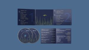 A layout of a double CD packaging showing three panels, two CD's and a two page booklet. The colours used are blue and navy, there are illustrations of fish and underwater reeds on the packaging.